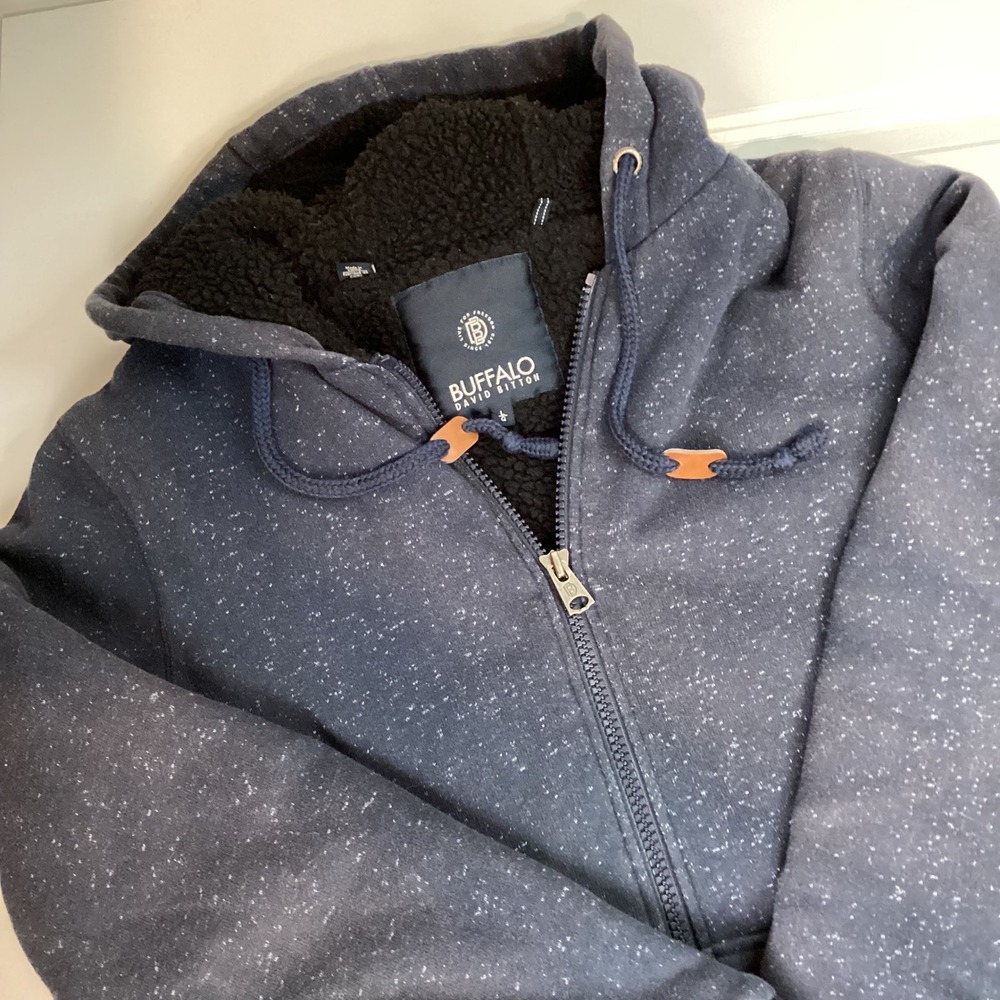 Buffalo David Bitton Mens Navy Blue Marled Sherpa Lined Full Zip Hoodie Large